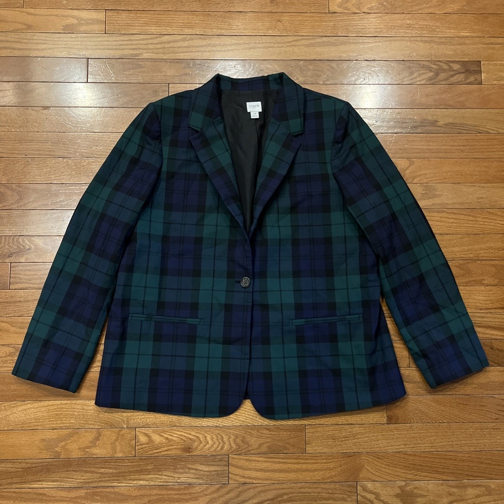 J.Crew Black Watch Plaid Blazer Women's 16 Green Navy One Button Tailored